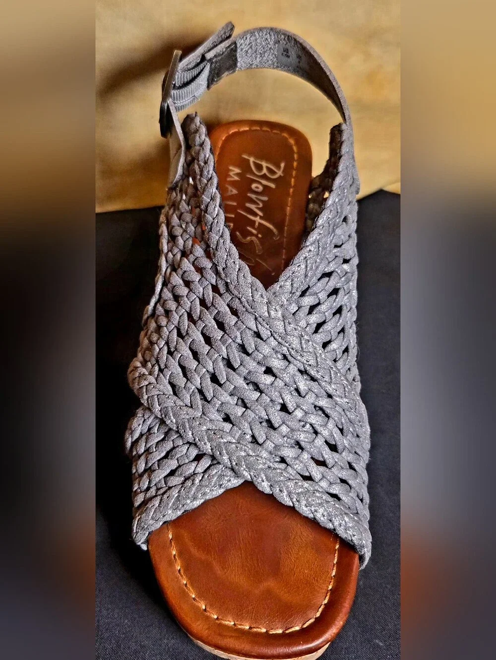 Blowfish Malibu Woven Cork Wedge Platform Sandals Metallic Pewter 6.5M